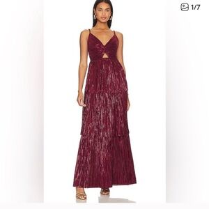 Sabina Musayev Burgundy Plissé Tiered Maxi Dress